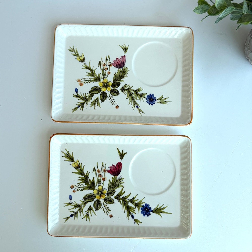Vintage Floral Ceramic Snack Trays Set of 2 Hand Painted Wildflower Tea Plates